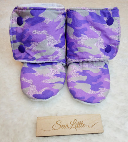 Purple Faux Glitter Camo - Size 6.5 toddler, 12 to 18 month booties
