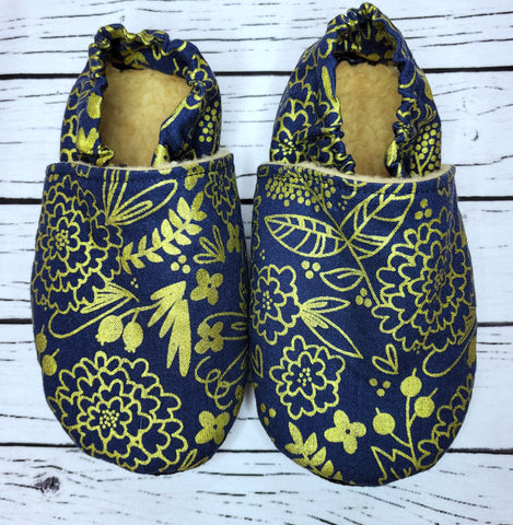 Navy Gold Floral - Size 8 toddler, 18 to 24 month slippers