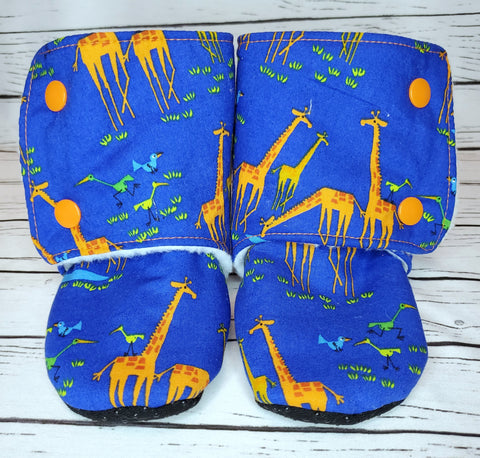 Royal Blue with Orange Giraffe - Size 8 toddler, 18 to 24 month booties