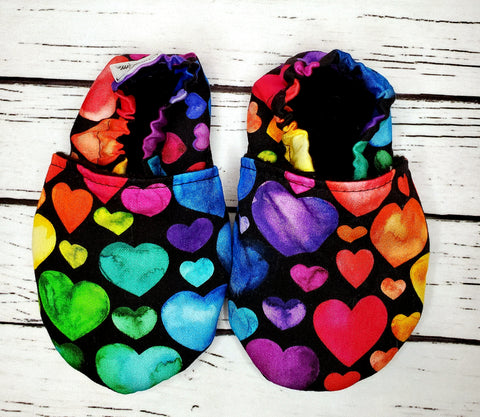 Watercolor Rainbow Hearts - Size 5 baby, 9 to 12 month slippers