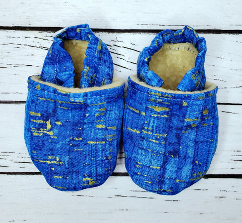 Blue and Gold Faux Cork - Size 1 baby, 0 to 3 month slippers