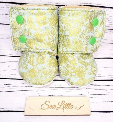 Mint Gold Floral - Size 4 baby, 6 to 9 month booties