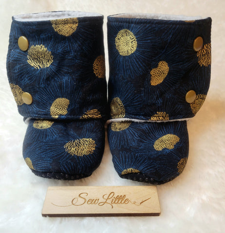 Blue with Gold Floral - Size 8 toddler, 18 to 24 month booties