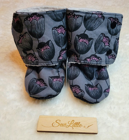 Grey with Pink Floral - Size 8 toddler, 18 to 24 month booties